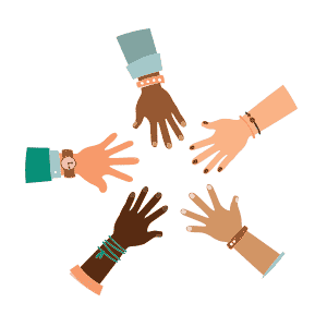 Diverse hands in a circle representing employees.